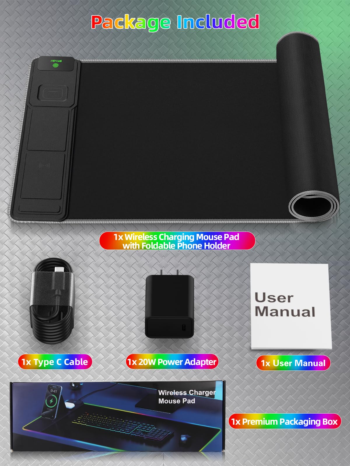 Mouse Pad with Wireless Charger Foldable Phone Holder, XXL RGB Gaming Mousepad 31.5"x15.8" Large Desk Mat for Keyboard, Black Desk Pad with Dual Qi Charging Station, 11 Colors 5 Modes
