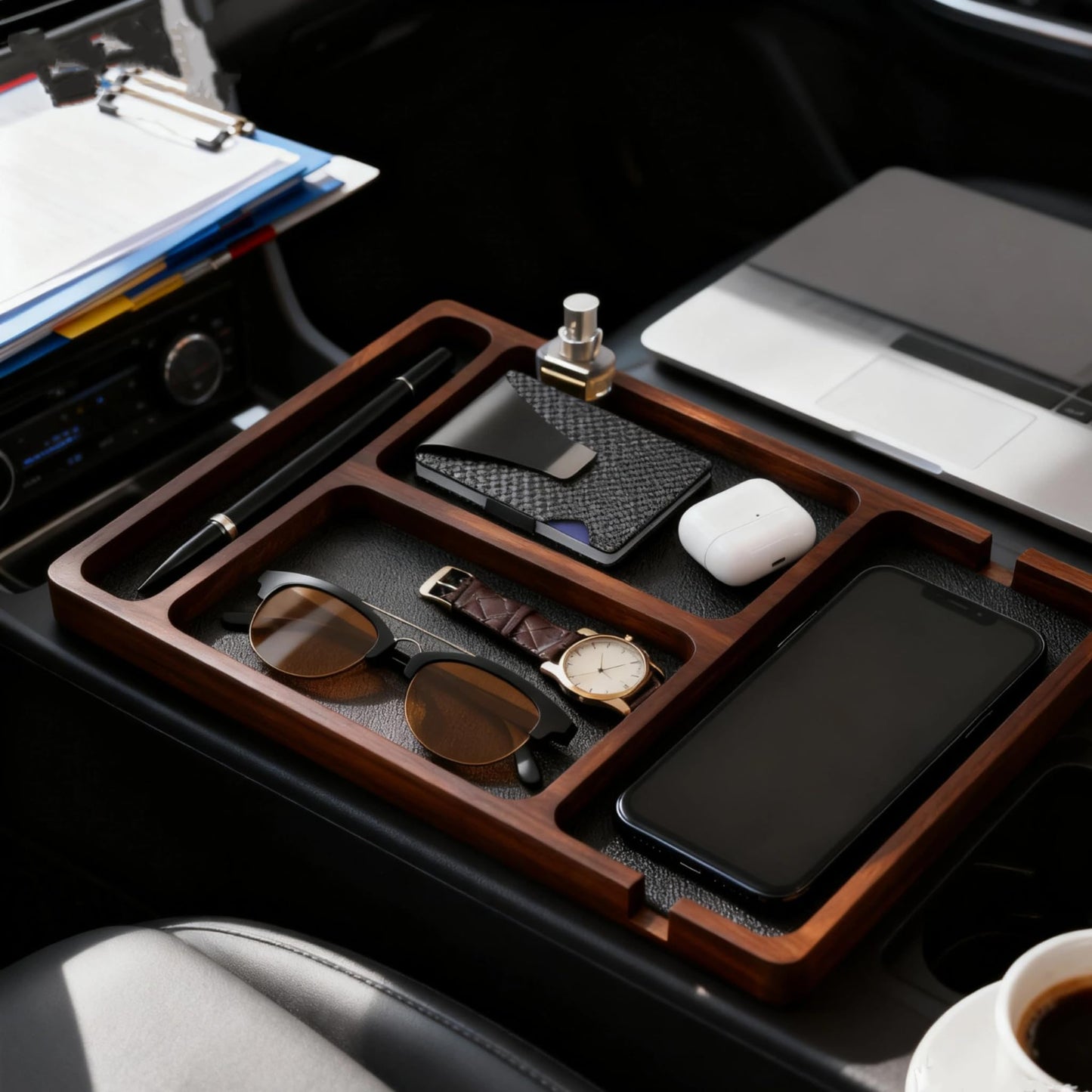 Wooden Valet Tray with Leather Inlay, Office Desk Organizer Tray, Nightstand Storage Tray, Multi-Purpose EDC Jewelry Storage Tray for Keys, Wallet, Watch, Phone & Earbuds (wood)