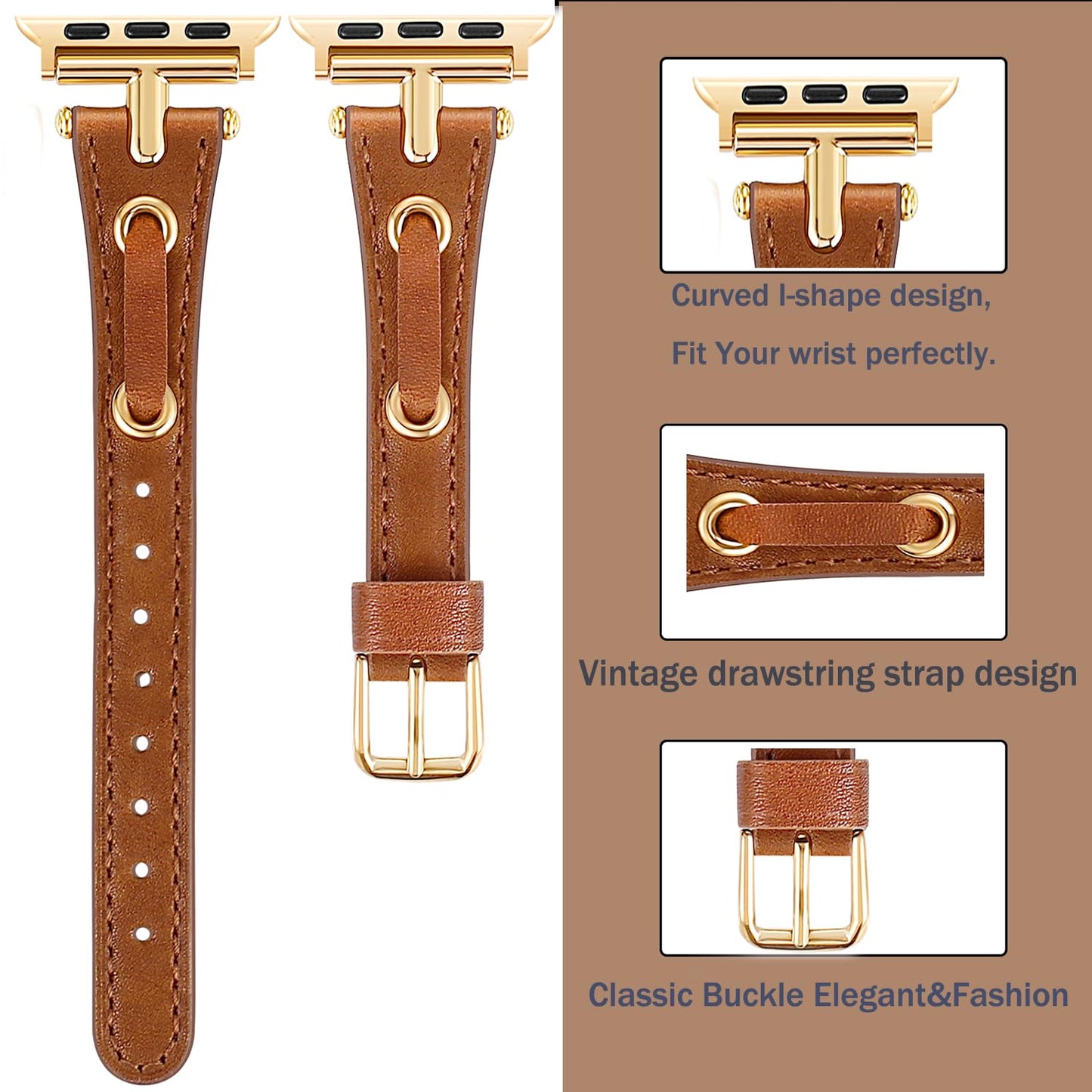 Brown Black Leather Band Compatible Apple Watch Gold Strap Women 38mm 40mm 41mm 42mm 44mm 45mm 46mm 49mm,Dressy Silver Slim Thin White Wristband for iPhone Watch Band Series 10 9 8 7 6 5 4 3 2 1 SE (Ultra 1 2)