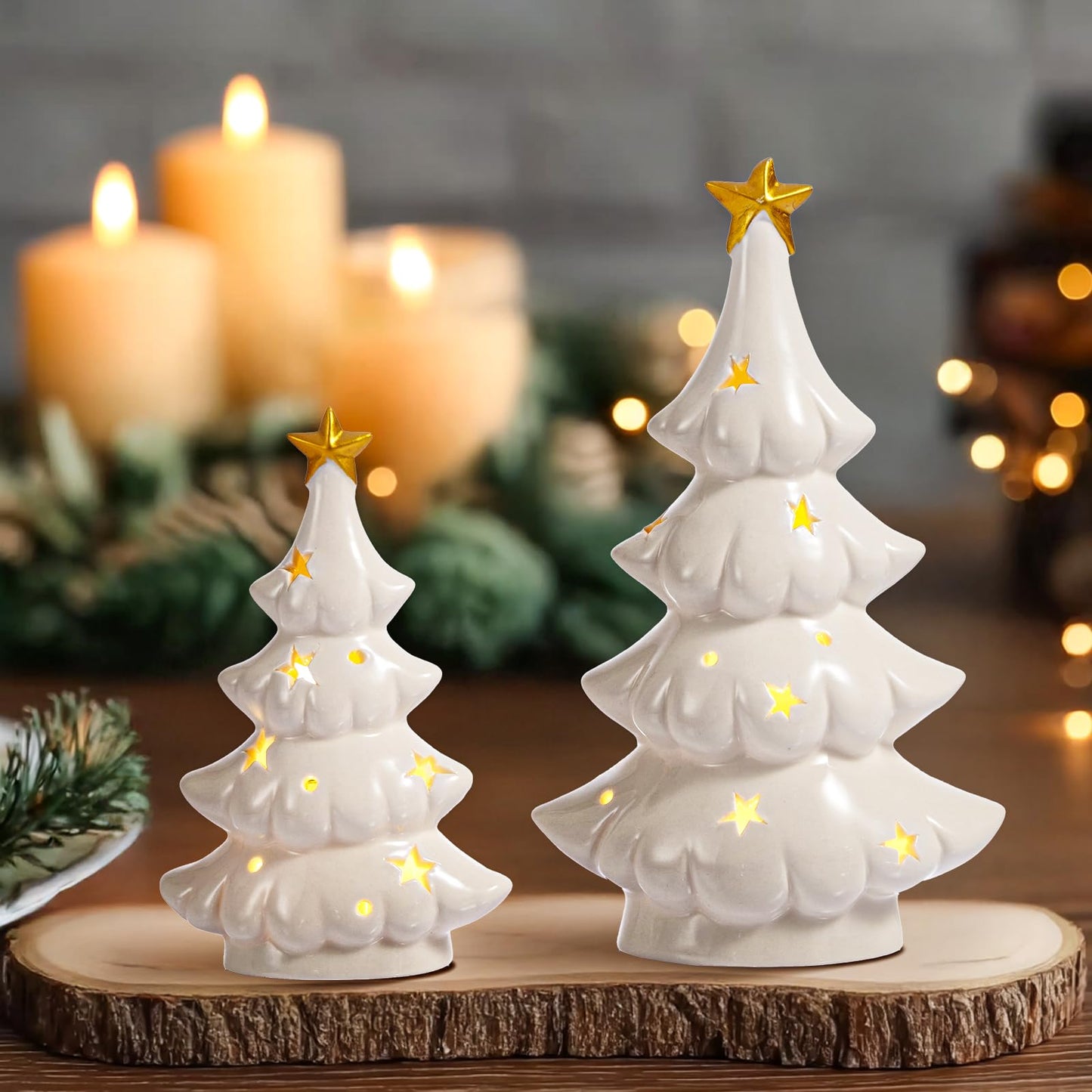 WDS WONDROUS Ceramic Christmas Tree White with Lighted Decor, 2 Pcs Christmas Trees Figurines with Lights, Small Xmas Tree with Star for Tabletop Mantel Shelf Fireplace
