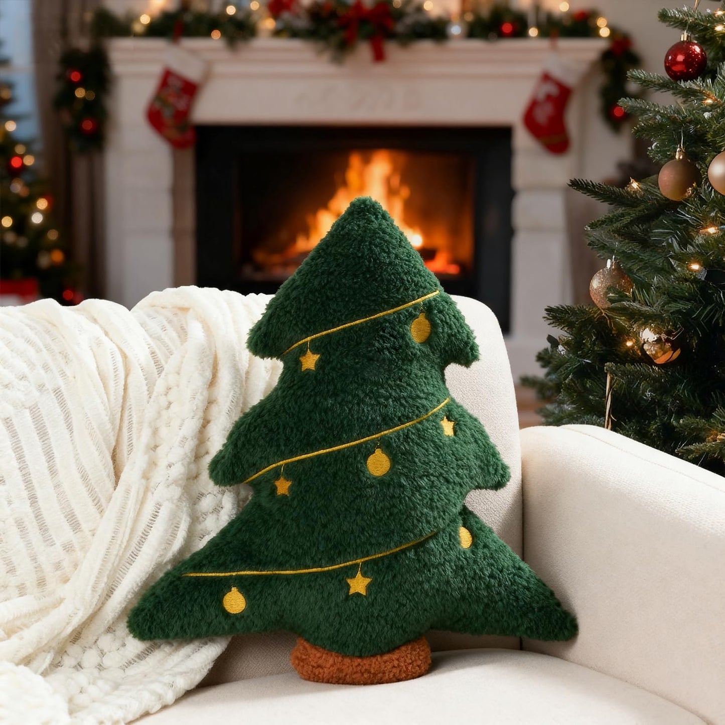 Artmag Christmas Pillow, Decorative Christmas Tree Pillow Stuffed Tree Shaped Embroidered Star Ball Bedroom Xmas Plush for Party Home Decorations 15.5" x 14.5" Green