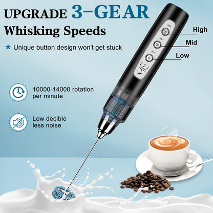 Milk Frother Handheld for Coffee, Electric Whisk 3 Speed Adjustable, Drink Mixer with Stainless 3 Whisks, Rechargeable Hand Frother Wand, Foam Maker for Latte Cappuccino Matcha Egg Silver