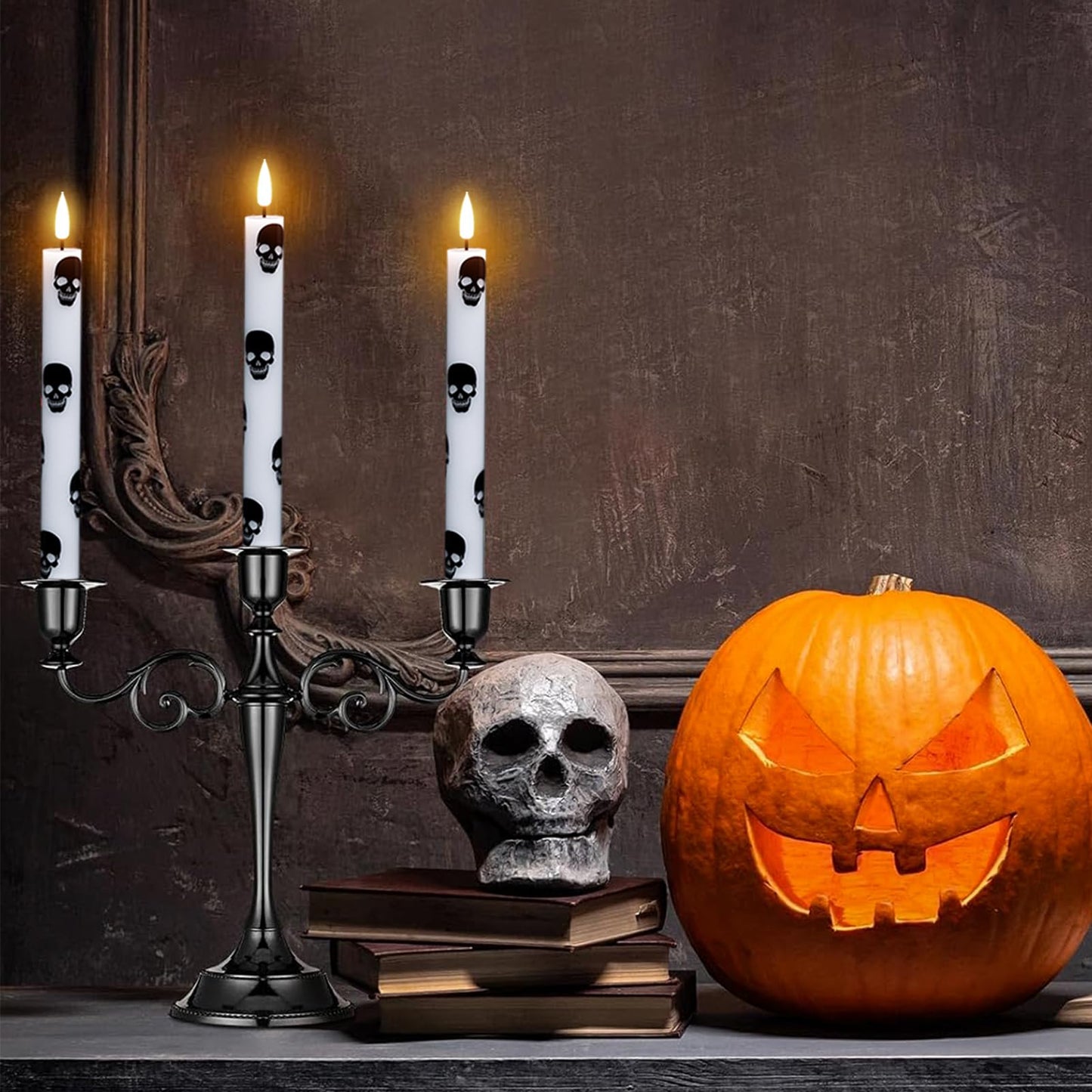 GenSwin Halloween Flameless Taper Candles Remote Timer, 4 Pack Real Wax LED Taper Candles Battery Operated Flickering with Skull Prints, Flameless Candlesticks for Halloween Decor(0.75”x 9.65”)