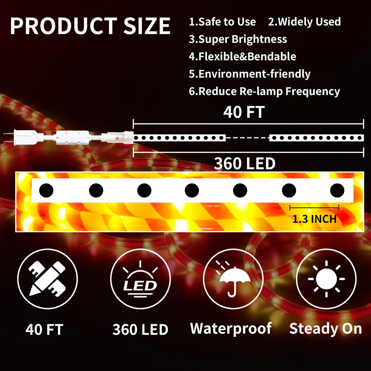 vicktree 360 LED Christmas Candy Cane Rope Lights, 40FT Waterproof Xmas Tree Light, Connectable Tube Light Plug in for Indoor Outdoor Garden Yard Holiday Wedding Festival Party Decoration