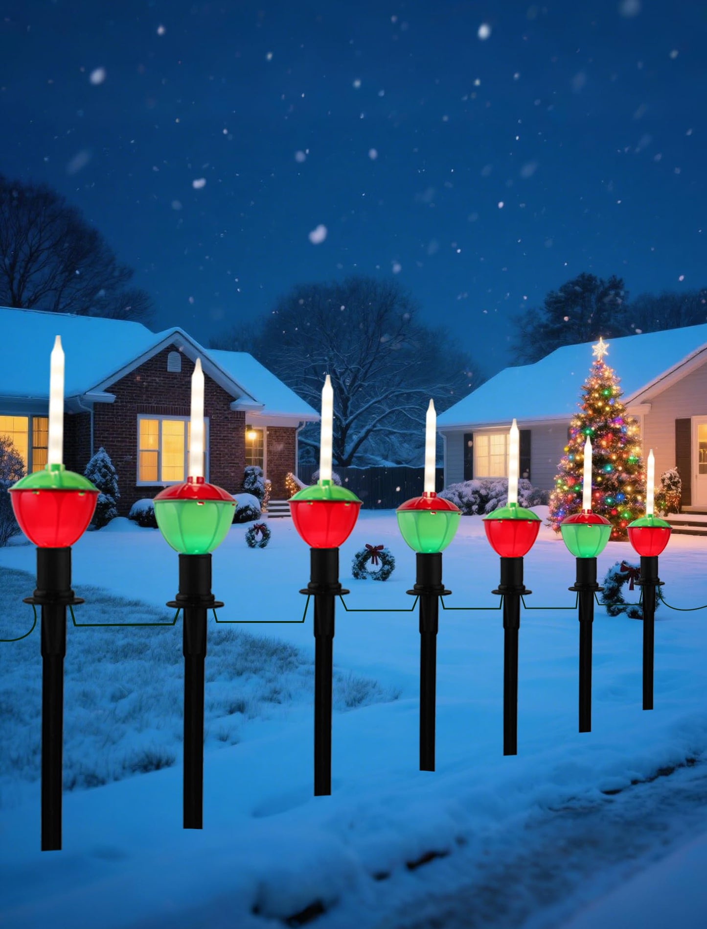 7 Pack Enchanting Christmas Pathway Lights, Whimsical Peppermint Candy Cane Bubbling Yard Stakes, Connectable Outdoor Walkway Lights for Holiday Yard, Sidewalk & Driveway Decor