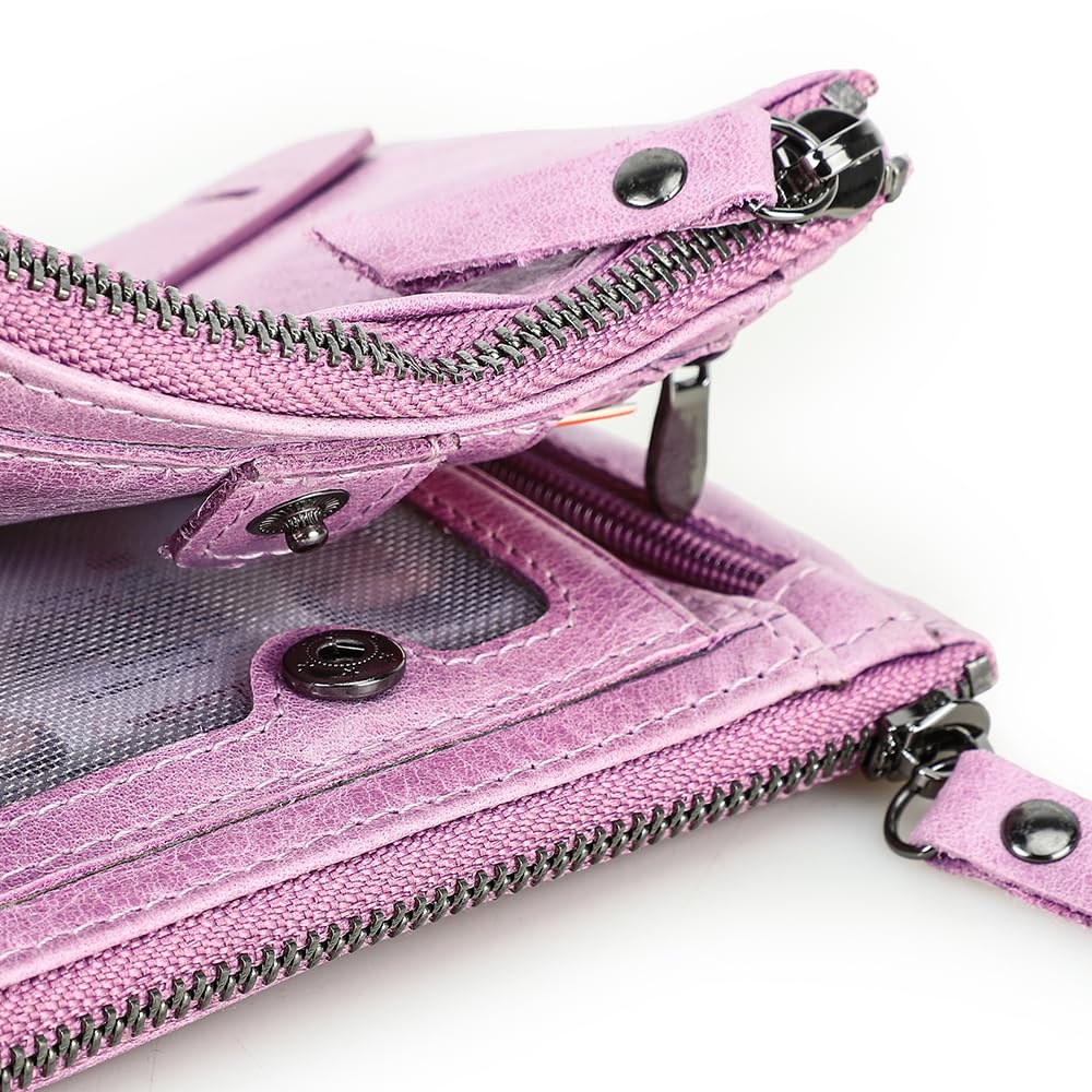 CONTACTS Soft Leather Wallet for Women Small Bifold Coin Purse Double Zipper Card Holder with RFID Blocking (Pinkish Purple)