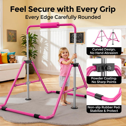 Sportsroyals Gymnastics Bar for Kids,Adjustable Height Gymnastic Horizontal Bars,Folding Gymnastic Junior Training Kip Bar for Home, Pink (Pink)