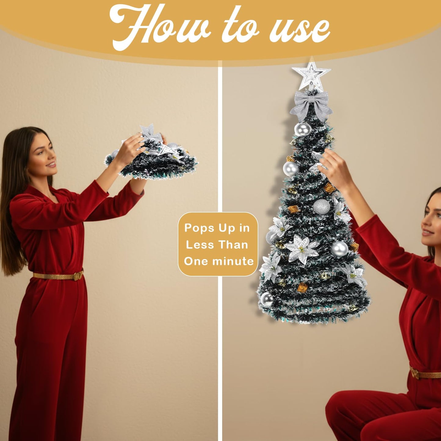 Suncalla Wall Christmas Tree with Lights 40inch, Artificial Wall Hanging Xmas Decoration with 50 LED String Lights, Saving-Space Door Hanging Xmas Tree Small Space Home School Office(Silver)