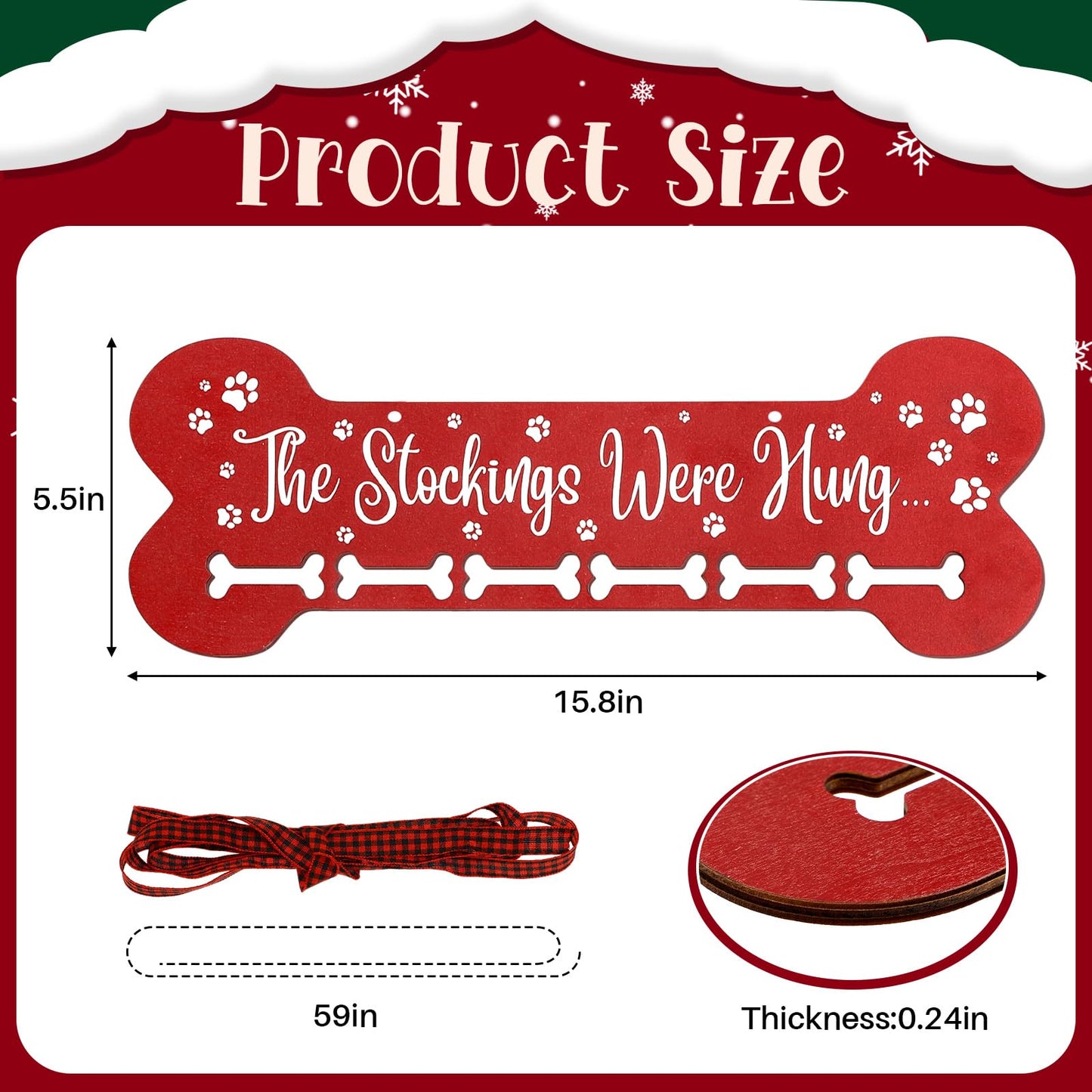 Bucherry 15.8 Inches Christmas Pet Stocking Holder for Dog Wall Mantle with 6 Hangers Wood Dog Bone Mantle Garland Stocking Holders for Christmas Decorations Xmas Holiday Supplies Fireplace Decor