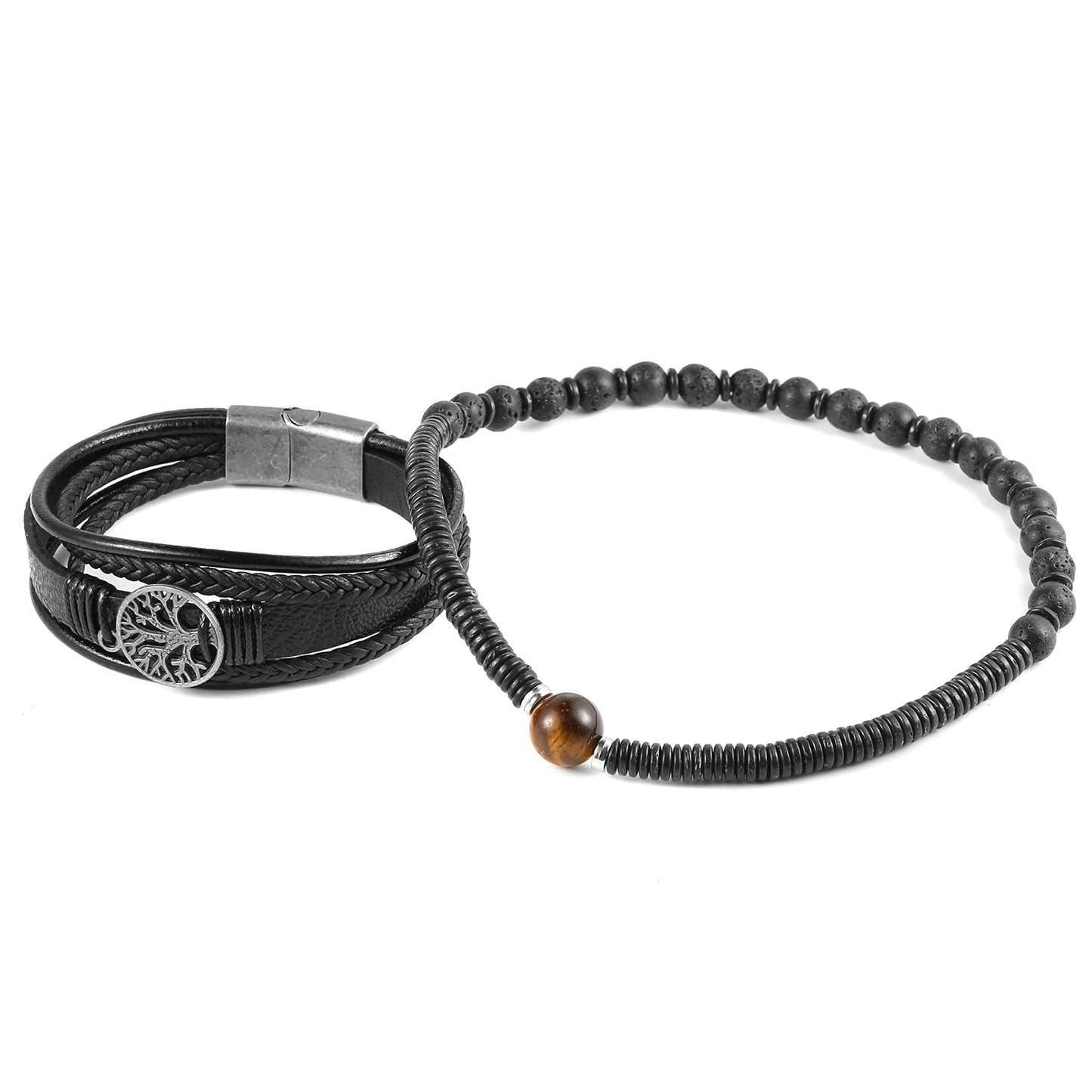 HZMAN Genuine Leather Tree of life Bracelets Men Women, Tiger Eye Natural Stone Lava Rock Beads Ethnic Tribal Elastic Bracelets Wristbands (Black)