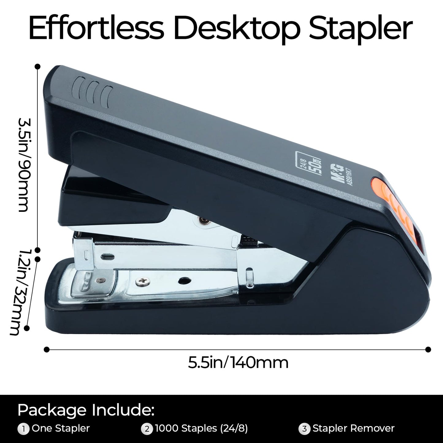 M&G Effortless Stapler 50 Sheet Capacity One-Touch Stapling, Heavy Duty Desktop Stapler Includes 1000 Staples and Remover, Portable Handheld Staplers for Home Office (Black)