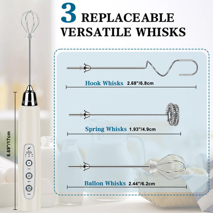 Milk Frother Handheld for Coffee, Electric Whisk 3 Speed Adjustable, Drink Mixer with Stainless 3 Whisks, Rechargeable Hand Frother Wand, Foam Maker for Latte Cappuccino Matcha Egg Silver
