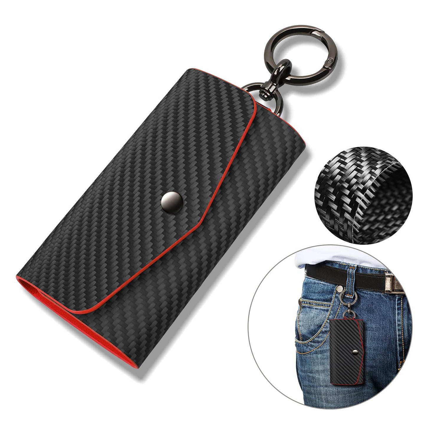 Leather Keychain Wallets Portable Key Holders Pouch Multiple Key Organizer, Key Holder with 6 Hooks for Men or Women,Carbon Fiber Pattern,Red
