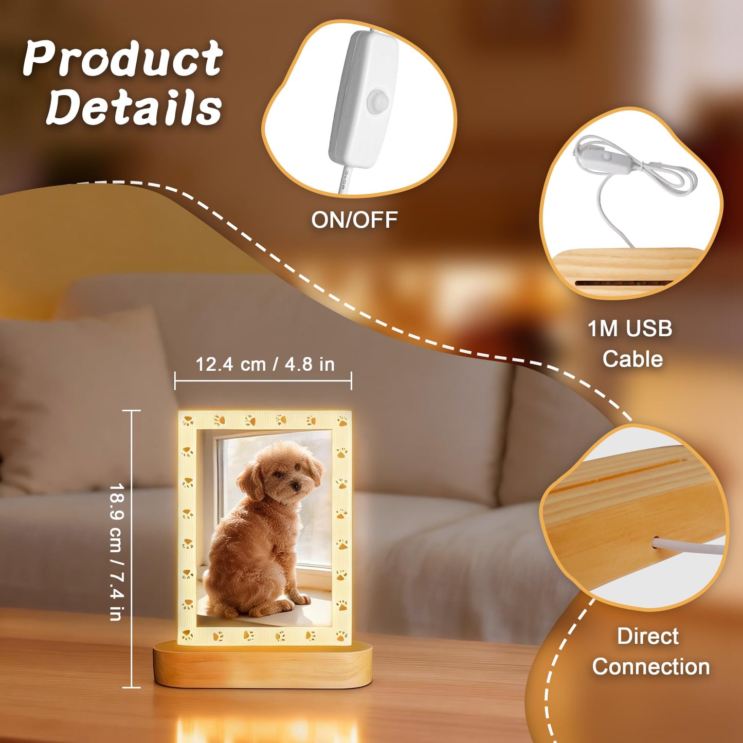 Dog Photo Frame with LED Night Light, Pet Memorial Gifts Light up Picture Frame Paw Prints Design, Personalized Sympathy Gift for Loss of Dog Cat Owner, Home Tabletop Decor for Pet Lovers (4x6 inchs)