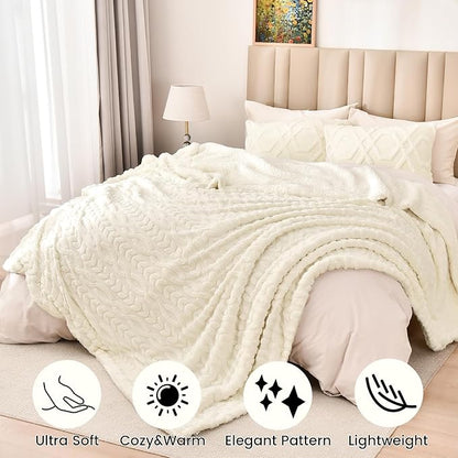 PHF Fluffy Sherpa Blanket Queen Size for Winter, Warm and Soft, 510GSM 3D Jacquard Thick Shaggy Fleece Plush Blanket for Sofa Bed, Cream, 90"x90"