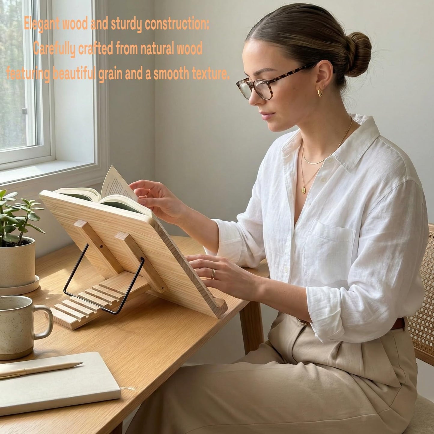 Reading Rack Wooden Bookshelf - Book Stand Foldable with 8 Adjustable Positions and Page Clips,Suitable for cookbooks、iPads、laptops、Sheet Music、and Reading Stands (15x11.4inch)