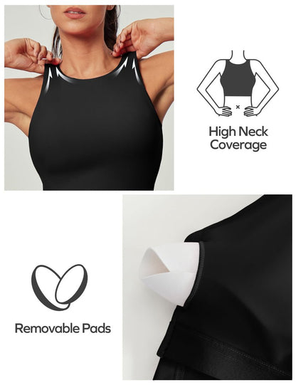 Ewedoos Tank Tops with Built in Bras Longline Sports Bras for Women High Neck Racerback Sports Bra Padded Workout Crop Black