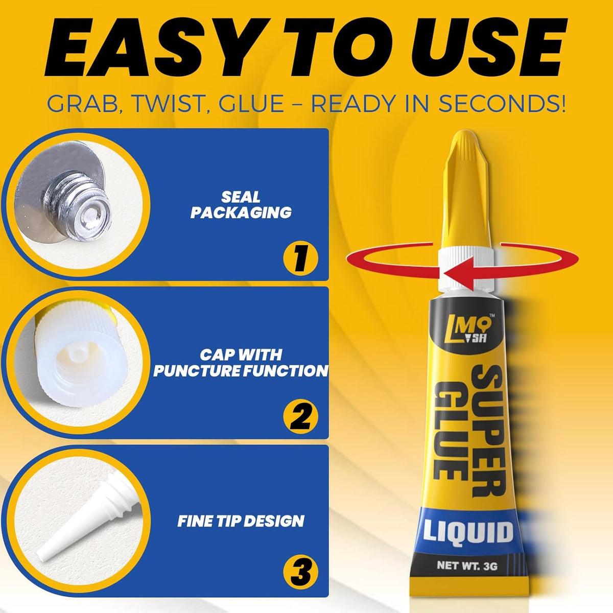 Super Glue 6x3g Liquid CA Glue, Clear Cyanoacrylate Adhesive Single Use for Shoe Sole Repair Ceramic Plastic Model Metal Wood Aquarium Leather Pottery Glass, Food Safe Strong and Instant Bonding