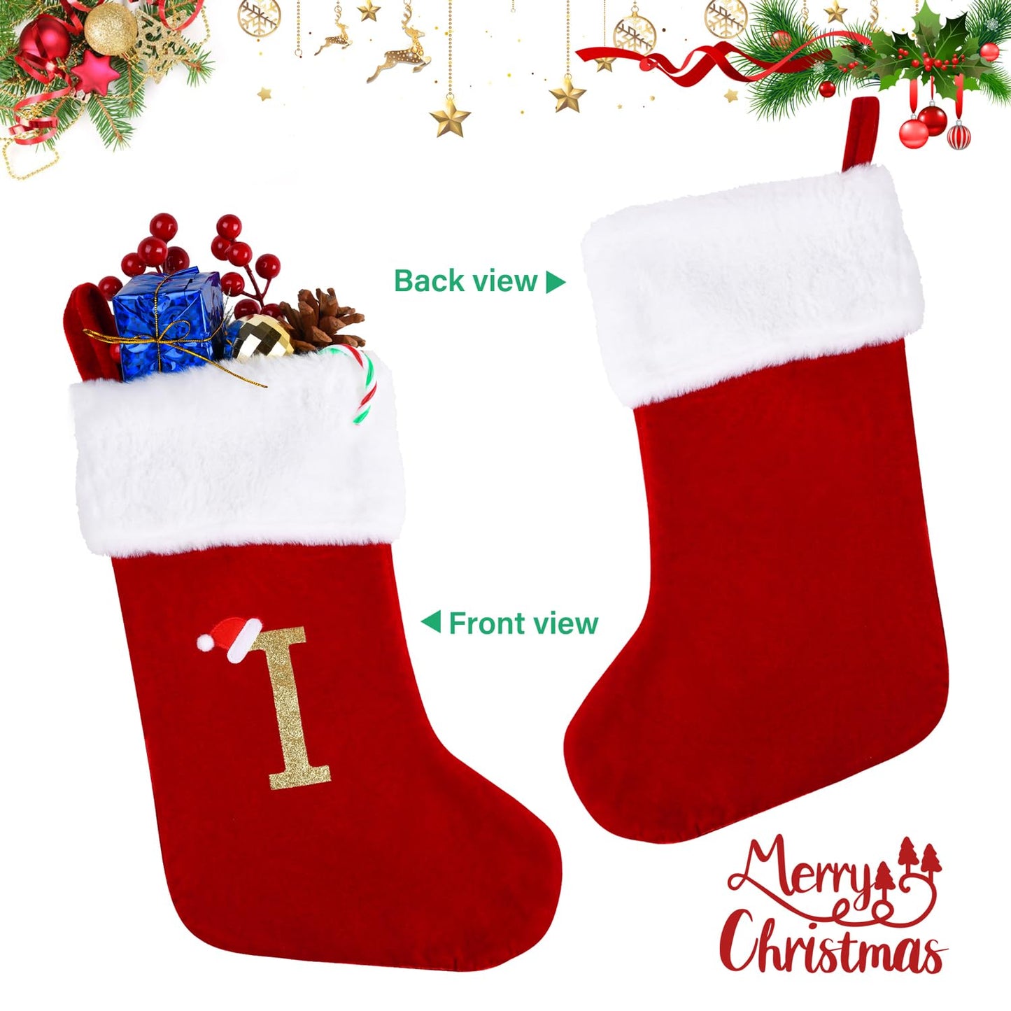 Sailup 20 Inches Monogram Christmas Stockings with Letters, Large Super Soft Christmas Stockings Red Velvet with White Super Soft Plush Cuff for Christmas Xmas Tree Holiday Fireplace (I)