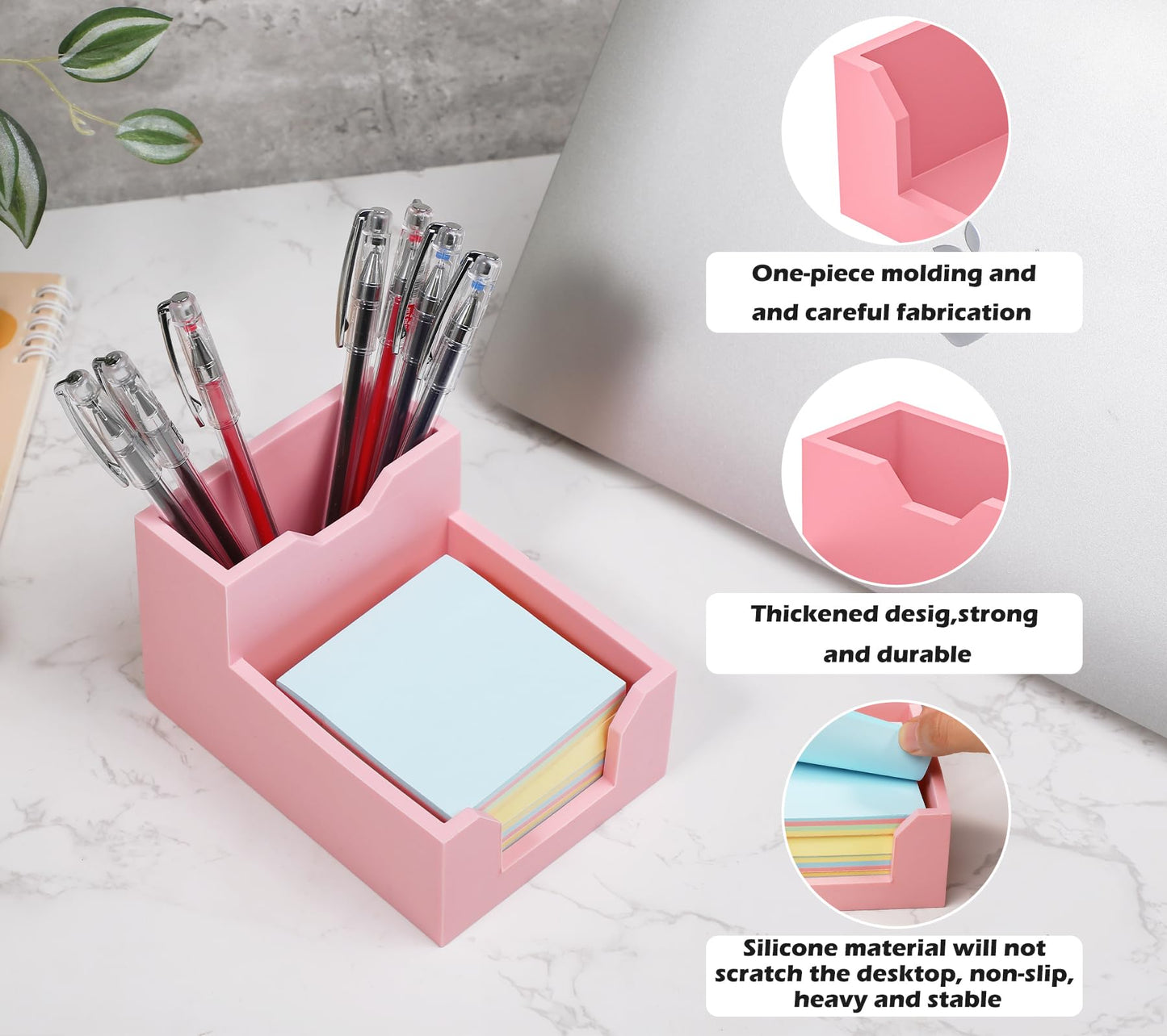 Pink Sticky Note Holder, Silicone Memo Holder with Pen or Card Slots, Sticky Note Dispenser, Fits 3x3 Inches Sticky Notes, Post It Note Dispenser for Office Desk Accessories