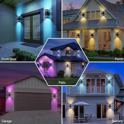 Outdoor Smart Wall Lights 2 Pack, Aluminum Exterior Lighting Fixtures Dusk to Dawn Color Changing Outdoor Lights with Matte Black Finish for Outside Decor, DIY Lighting Effects