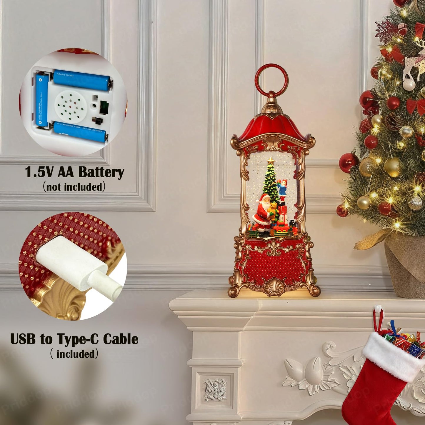 Priddop Santa Snow Globe Christmas Decorations Indoor Christmas Tree Gifts for Child Classic Relief Texture Musical Glitter Snowfall USB/Battery Timer Lantern 12.5 inch