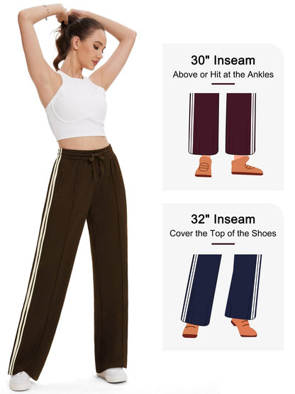 Tapata Long Womens 32" Inseam Track Pants Relaxed Fit Striped Workout Sweatpants Baggy Trousers with Zipper Pockets, Brown, L