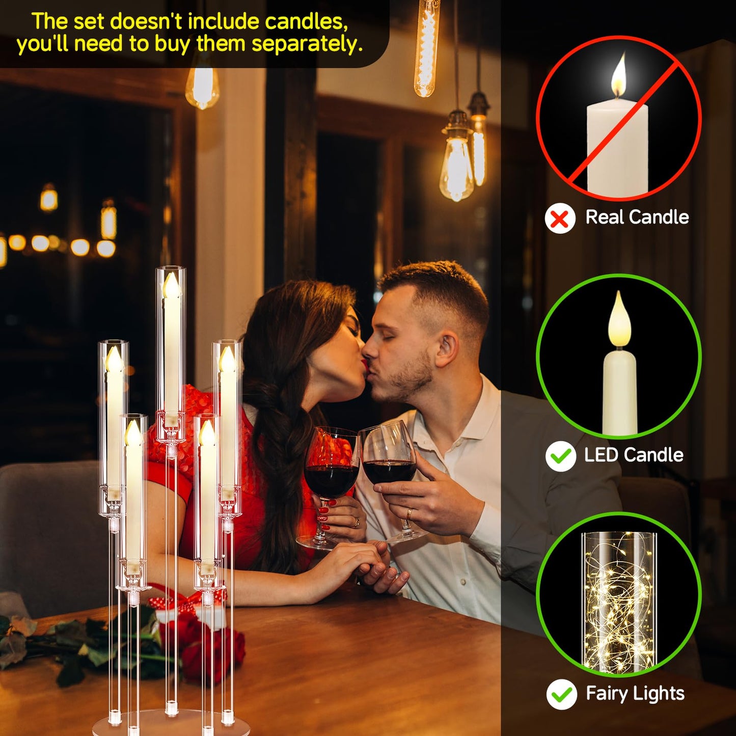 6 Set 26.8'' Tall Acrylic Candelabra Centerpieces for Wedding Table Decorations,Clear 5 Arms Candlesticks Holder with Acrylic Shade for Candlelight Dinner Party Fireplace Gift Fit LED Candle