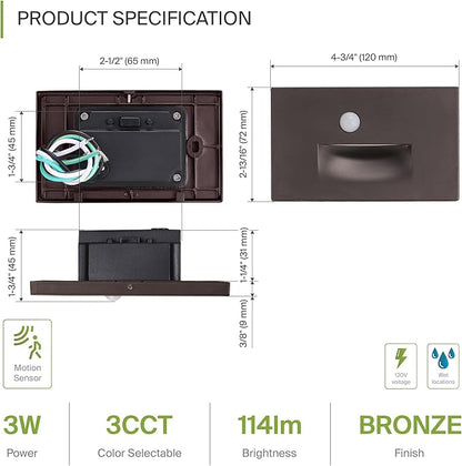 ASD LED Recessed Step Light Fixture, Outdoor & Indoor Tread Lighting | 3CCT, Motion Sensor, Waterproof, ETL Listed | 3W 120LM 3000K-5000K 120V | Staircase Hardwired Illumination | Dark Bronze, 4 Pack
