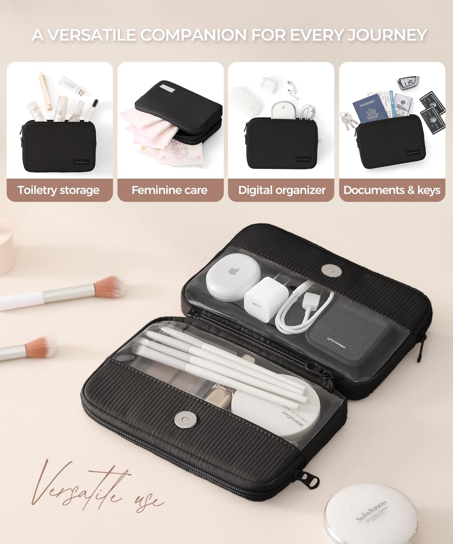 EPEDAL24 Preppy Makeup Bag, Rectangle Double Detachable Cosmetic Organizer, Clear Side Panel Portable Travel Pouches for In-Flight Essentials, Beauty & Tech Accessories, Gift for Women