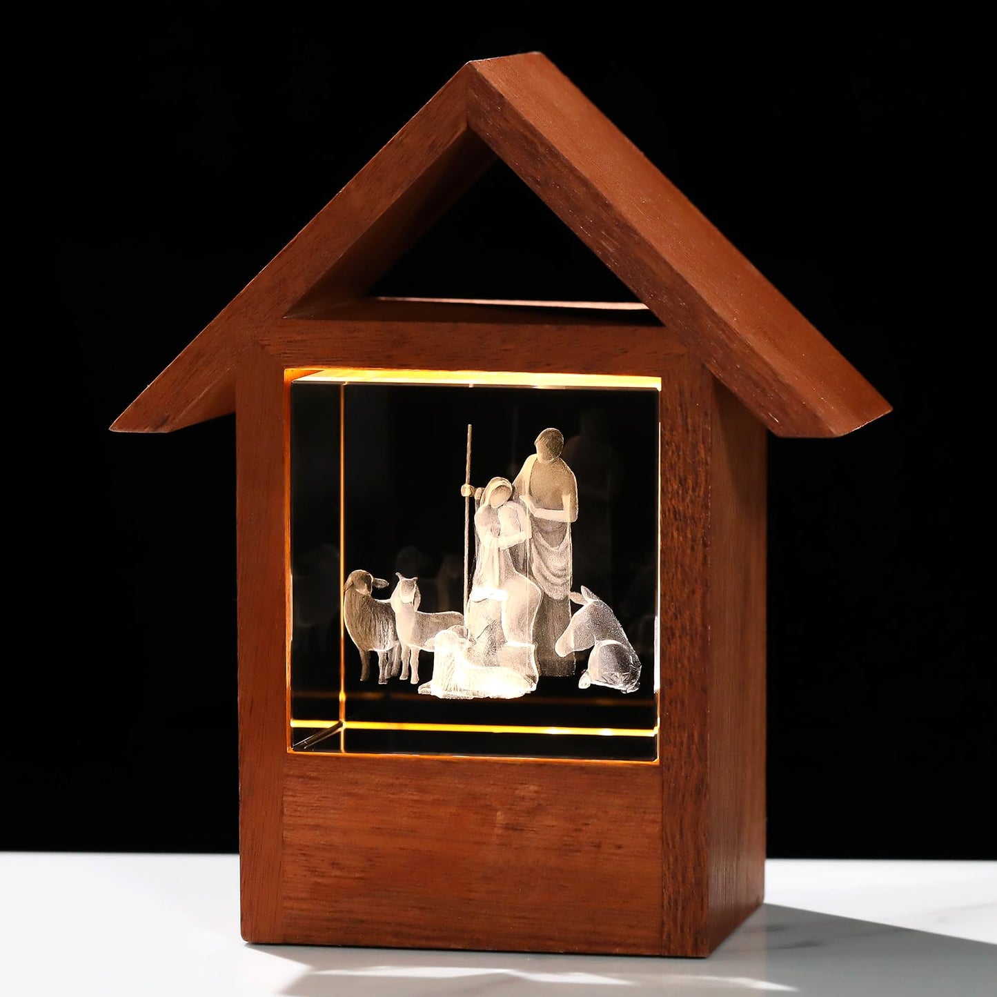 Ornalrist 3D Engraved Holy Family with Lambs Christian Gifts for Women, Wooden House Night Light Religious Gifts for Mom Grandma Christmas Presents for Home Decor