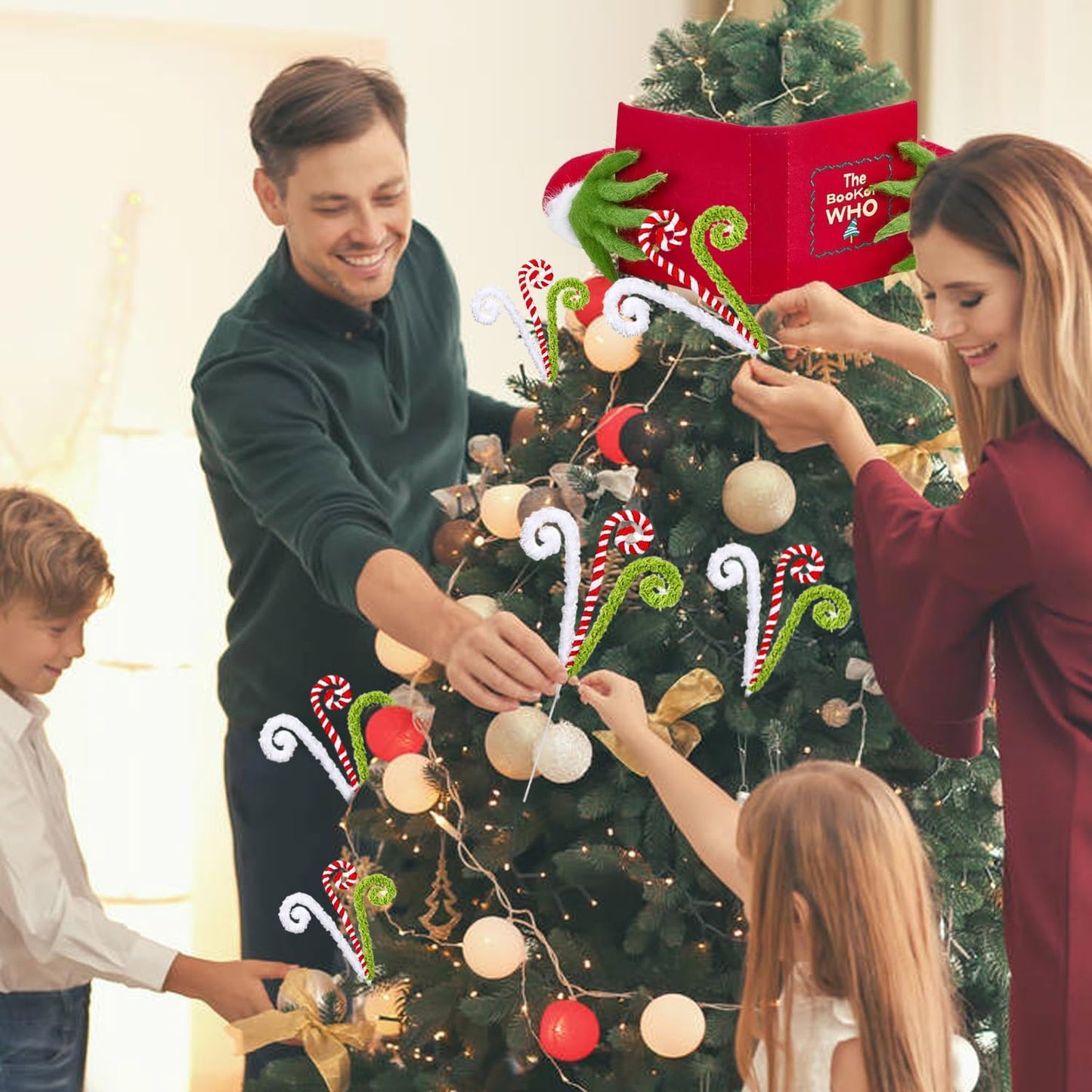 Christmas Tree Picks 6 Pcs Candy Cane Christmas Decorations 16" Xmas Tree Topper Elf Pick Red Green and White Woolen Curly Lollipop Pick Large Ornaments for Xmas Tree Filler, Wreath, Vase Home Decor