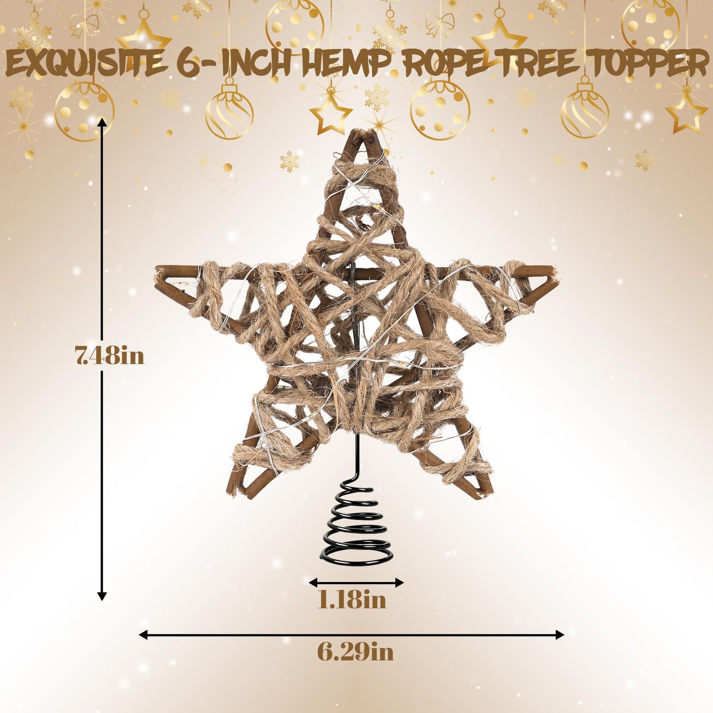 LAWOHO Christmas Tree Topper Retro Woven Star with Lights, Farmhouse Christmas Decor, Mini Rustic 6 Inch Star with 6H Timer, Light Up Christmas Tree Decorations, for Xmas Tree, Holiday, Party