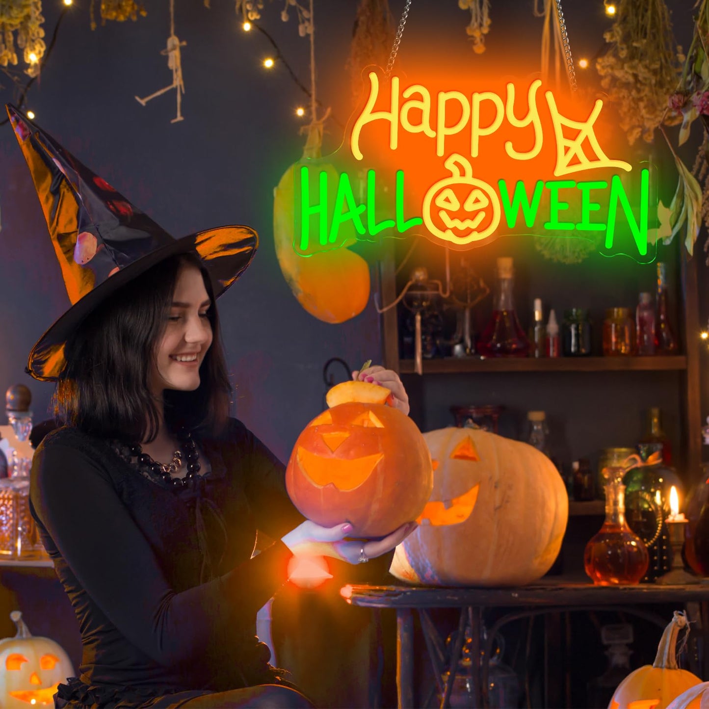 Happy Halloween Neon Sign, LED Halloween Light Up Decor Web Pumpkin Neon Signs for Wall Bedroom Home Bar Halloween Party Decor Halloween Present for Trick or Treat Party Backdrop