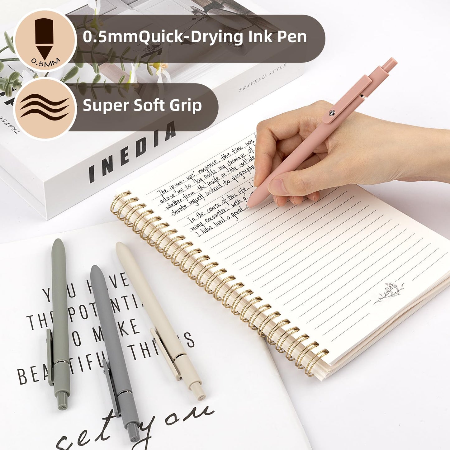 ALKALO Cute Spiral Notebook Set For Women, Bible Journal Set, 3 Pack A5 Spiral Notebook + 5 PCS Gel Pens + 600 Sticky Notes + Gift Box, Aesthetic Gift Set for Work Students School Office Supplies