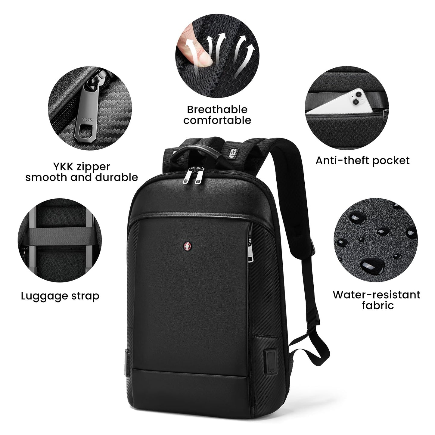 CROSSGEAR Full-Grain Genuine Leather Laptop Backpack, Slim Lightweight Backpack for Men, Charging Port, Fits 15.6” Laptop, Water Resistant, Business Computer Backpack for Work Office Casual, Black