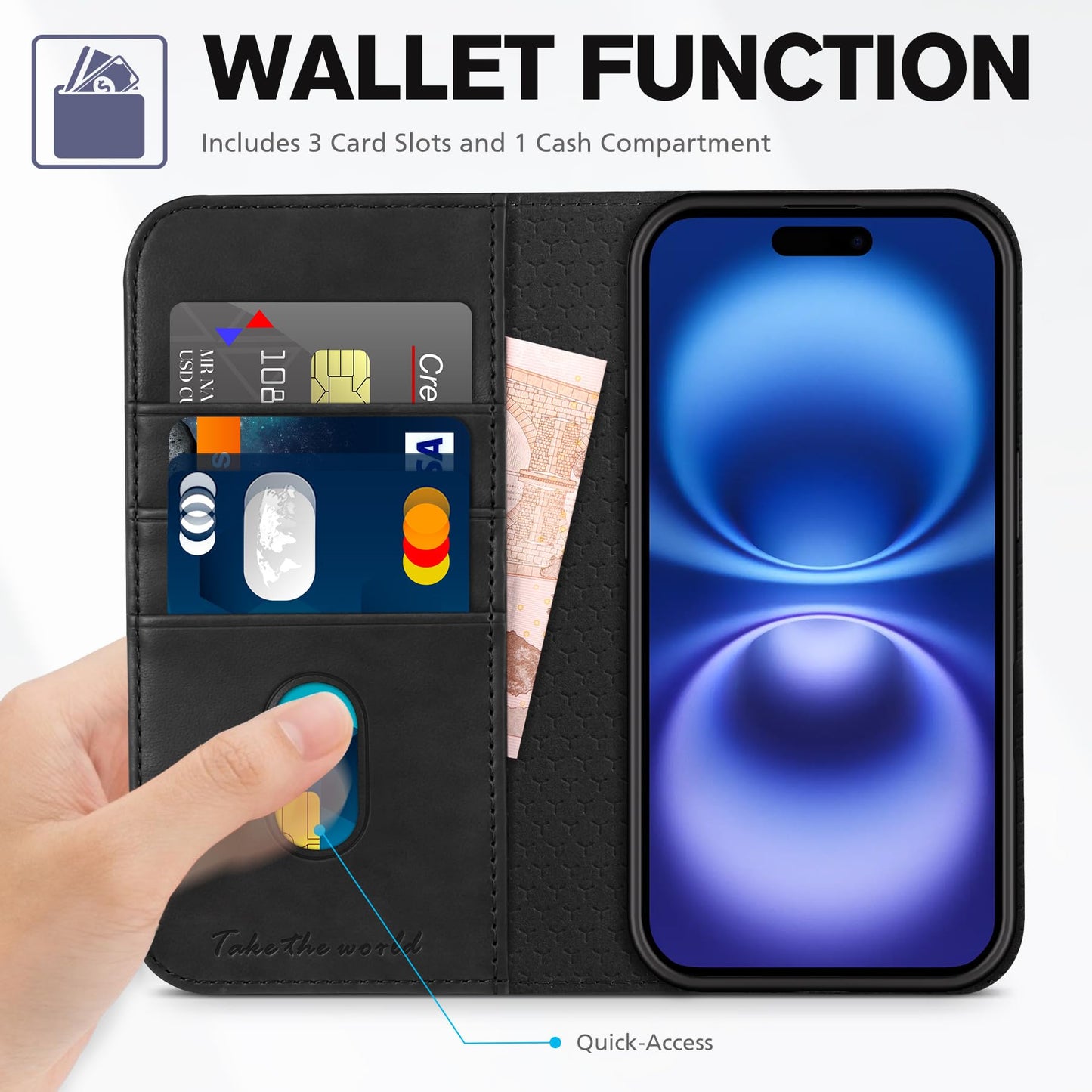 TUCCH Case Wallet for iPhone 16 Plus, [3 Card Holder Slots] Folio PU Leather Cover, [RFID Blocking] Stand Flip TPU Shockproof Interior Case Compatible with iPhone 16 Plus, Black