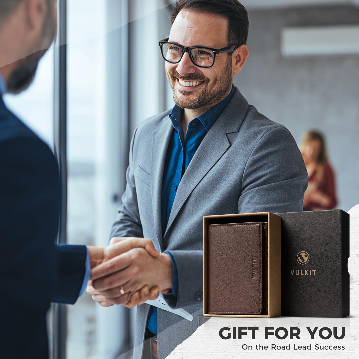 VULKIT Business Card Holder Premium Leather RFID Blocking Card Case With ID Window Magnetic Closure Holds Up to 40 Business Cards