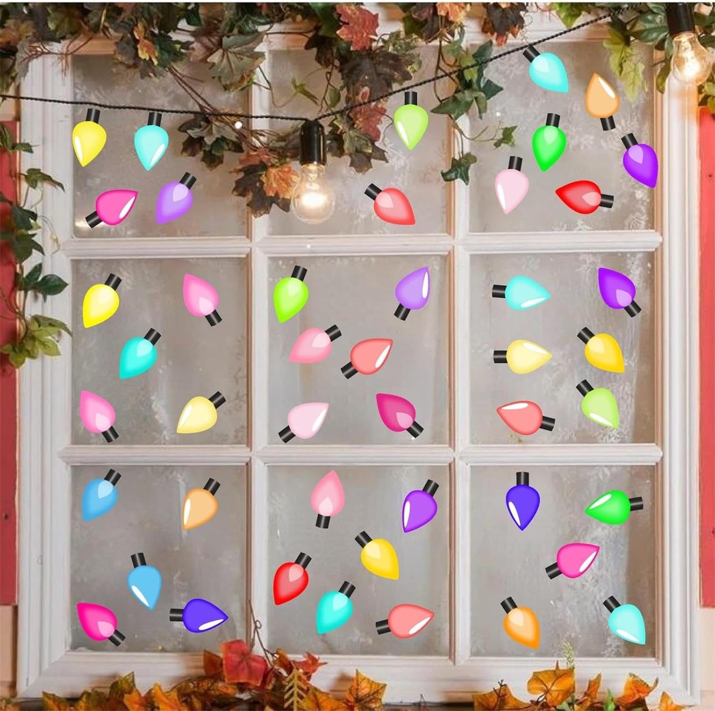 Christmas Light Window Decals Clings Double Sided Colorful Lights Wall Stickers Merry Christmas Window Wall Stickers Holiday Xmas Bright Windows Decals Holiday Light Bulb Windows Decorations