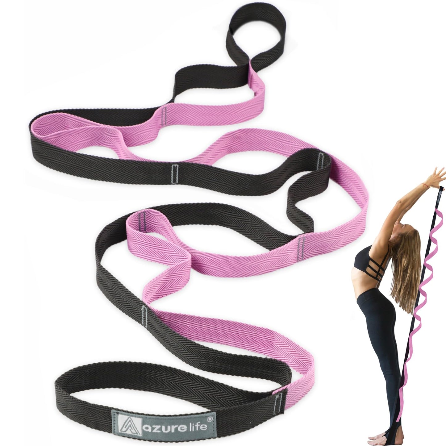 A AZURELIFE Premium Durable Stretch Straps with Loops, Stretching Strap for Physical Therapy, Multi-Loop Yoga Strap Fitness Exercise Strap for Yoga, Pilates, Dance, Flexibility&Exercise