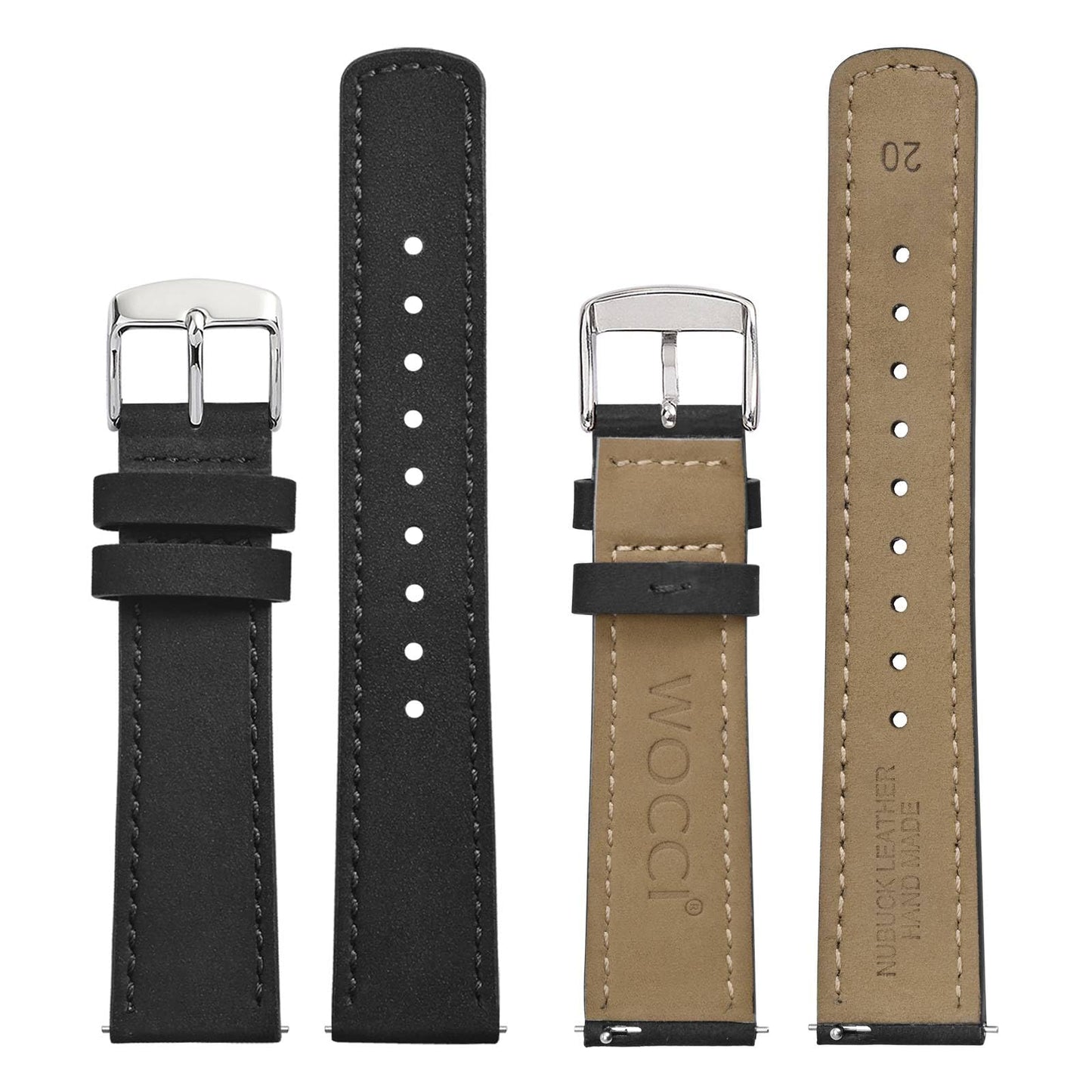 WOCCI 19mm Retro Leather Watch Band for Men and Women, Quick Release Replacement Strap with Silver Buckle (Black)