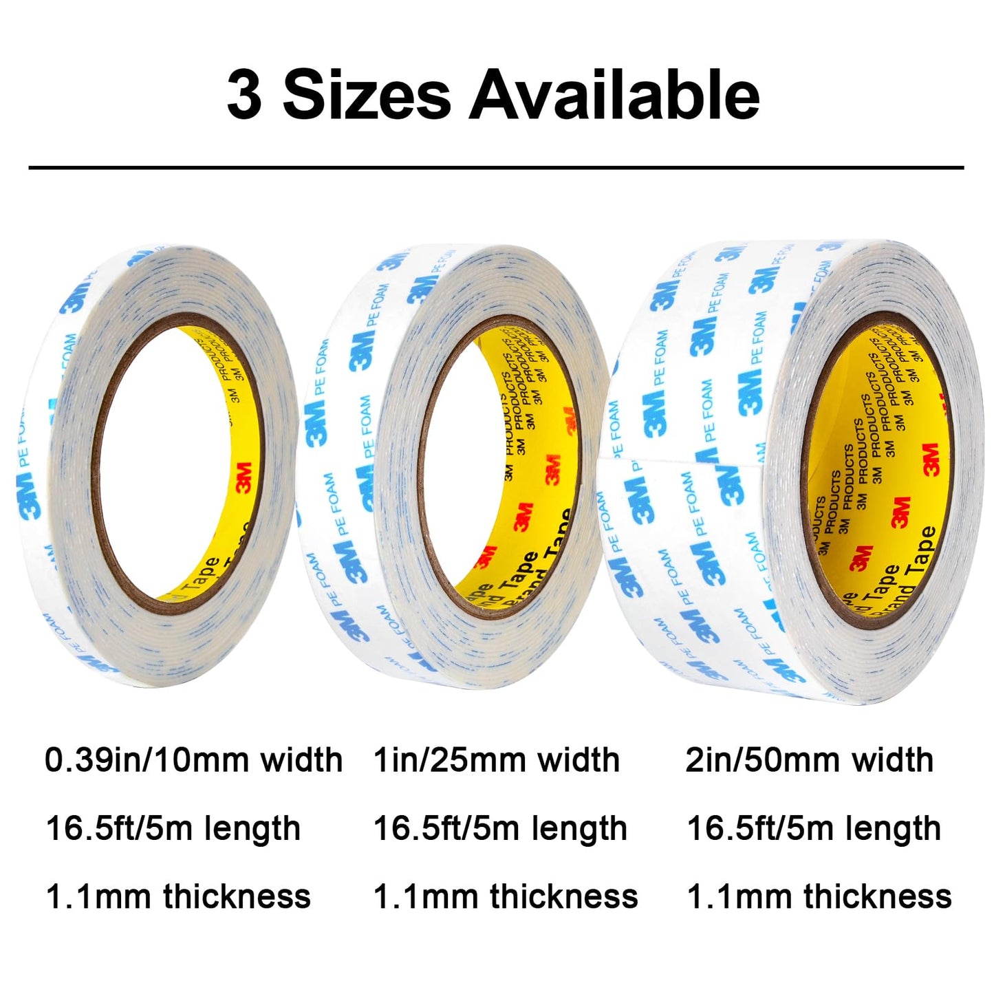 3M Double Sided Tape 1in x 16.5ft, Mounting Tape Heavy Duty, Removeable PE Foam Tape Strips, Strong Adhesive Tape Waterproof Free Damage for Paint Wall Picture Hanging Poster