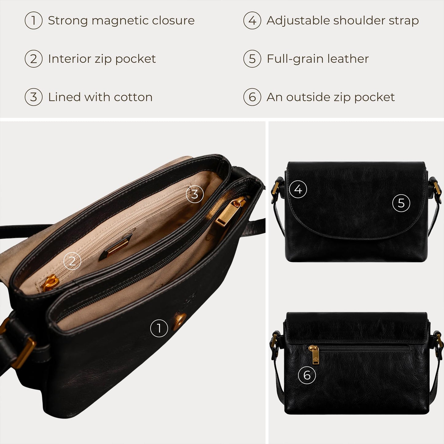 Time Resistance Leather Crossbody Bag for Women - Handbag, Shoulder Bag, Messenger Purse (Black) - Gift Box Included