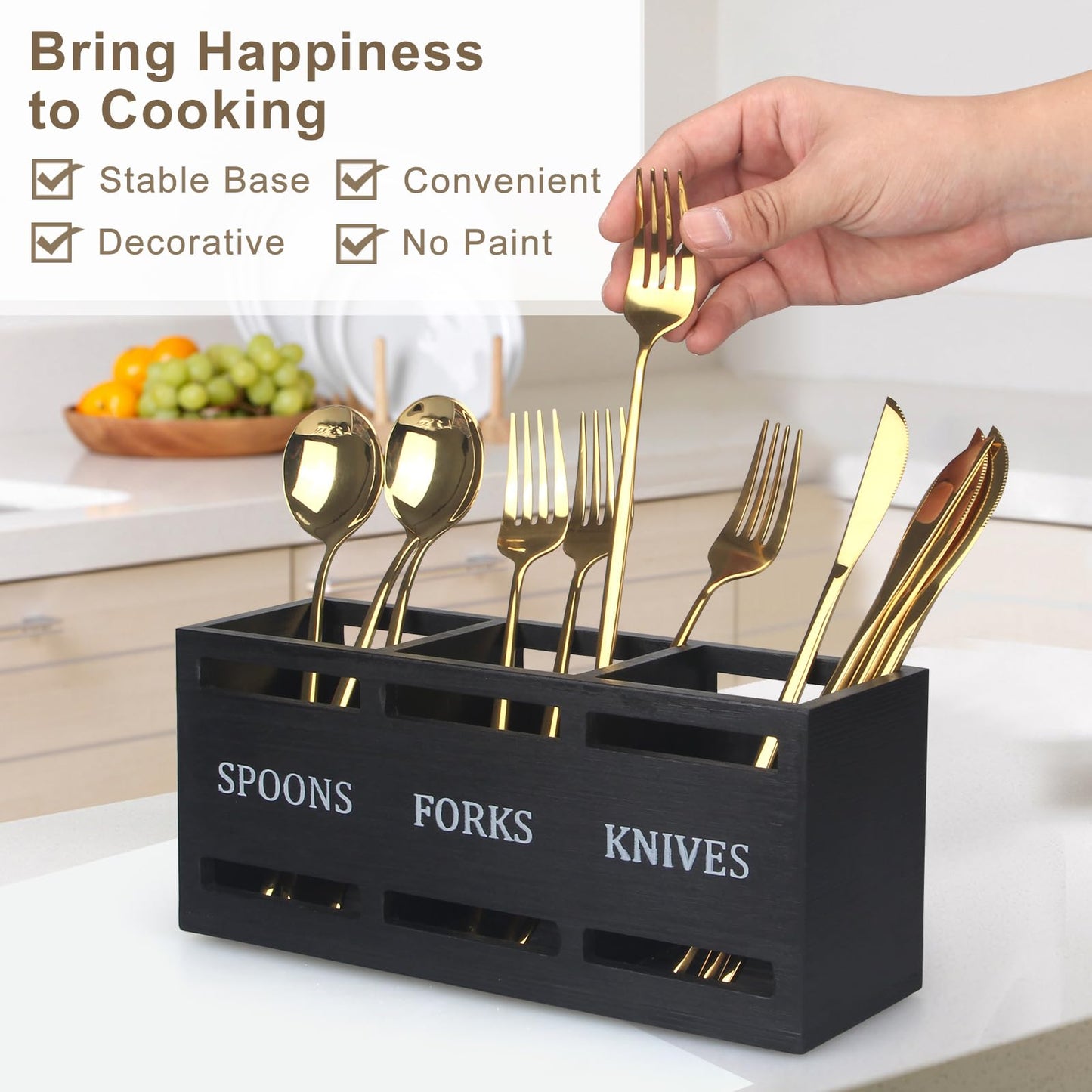 Ayiaren Wooden Silverware Caddy Flatware Cutlery Holder Wood Silverware Organizer Containers Small Black Kitchen Utensil Holder for Countertop Spoon and Fork Holder Flatware Utensils Caddy for Party