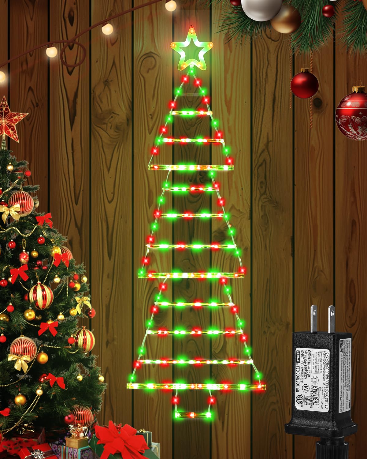 PUHONG (New) Christmas Ladder Lights, 4.6ft Christmas Decorations with Star Topper, Xmas Hanging Ornament with 8 Light Modes, LED Indoor String Lights for Doors, Walls and Windows - Red&Green