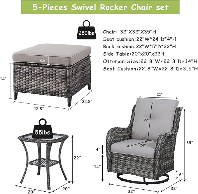 Rilyson Wicker Patio Furniture Set - 5 Piece Rattan Outdoor Sectional Conversation Sets with 2 Swivel Rocking Chairs,2 Ottomans and 1 Side Table for Porch Deck Garden(Mixed Grey/Grey)