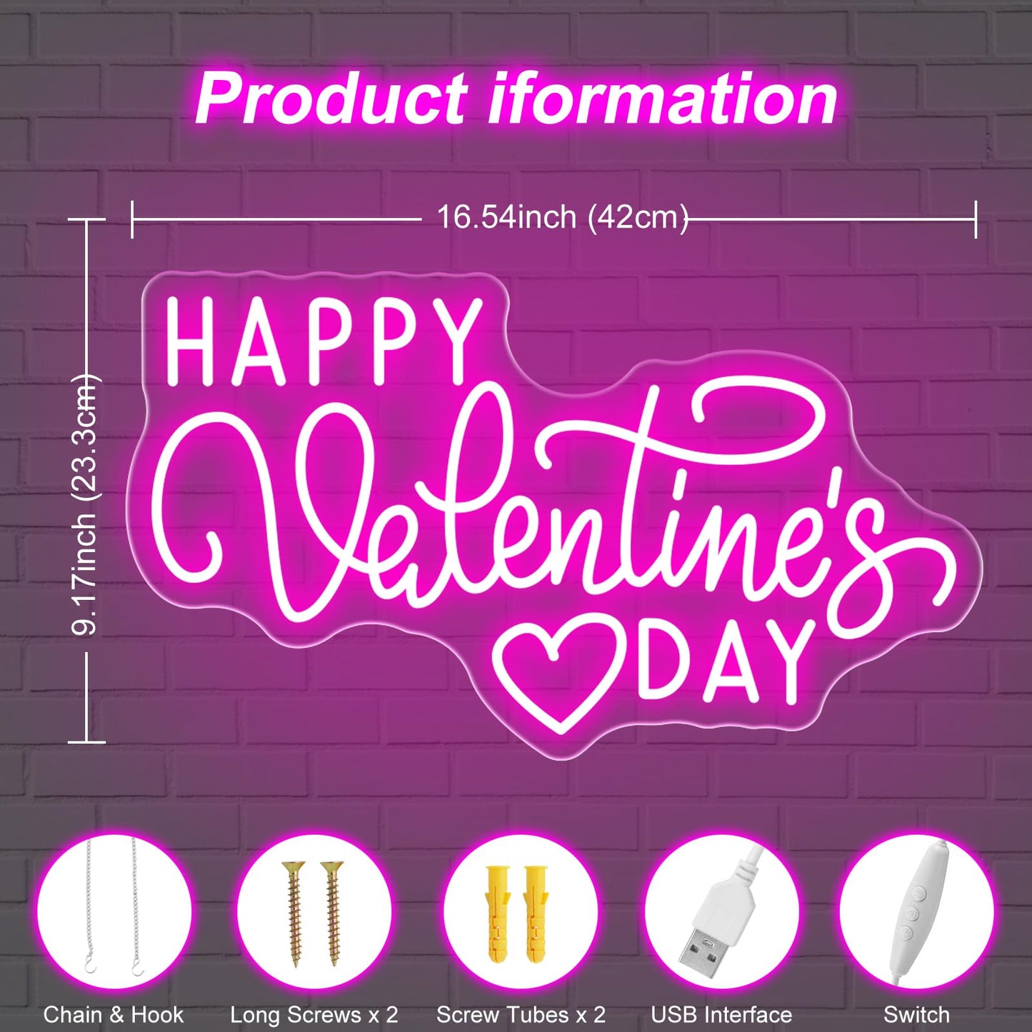 Happy Valentine's Day Neon Sign, Party Lover Wedding Home Ceremony, Valentine'S Day Neon Light for Home Room Wall Decoration Ins, Couple Room Light, Bar Home Lamp Party Dorm Living Room-Pink-16.5"