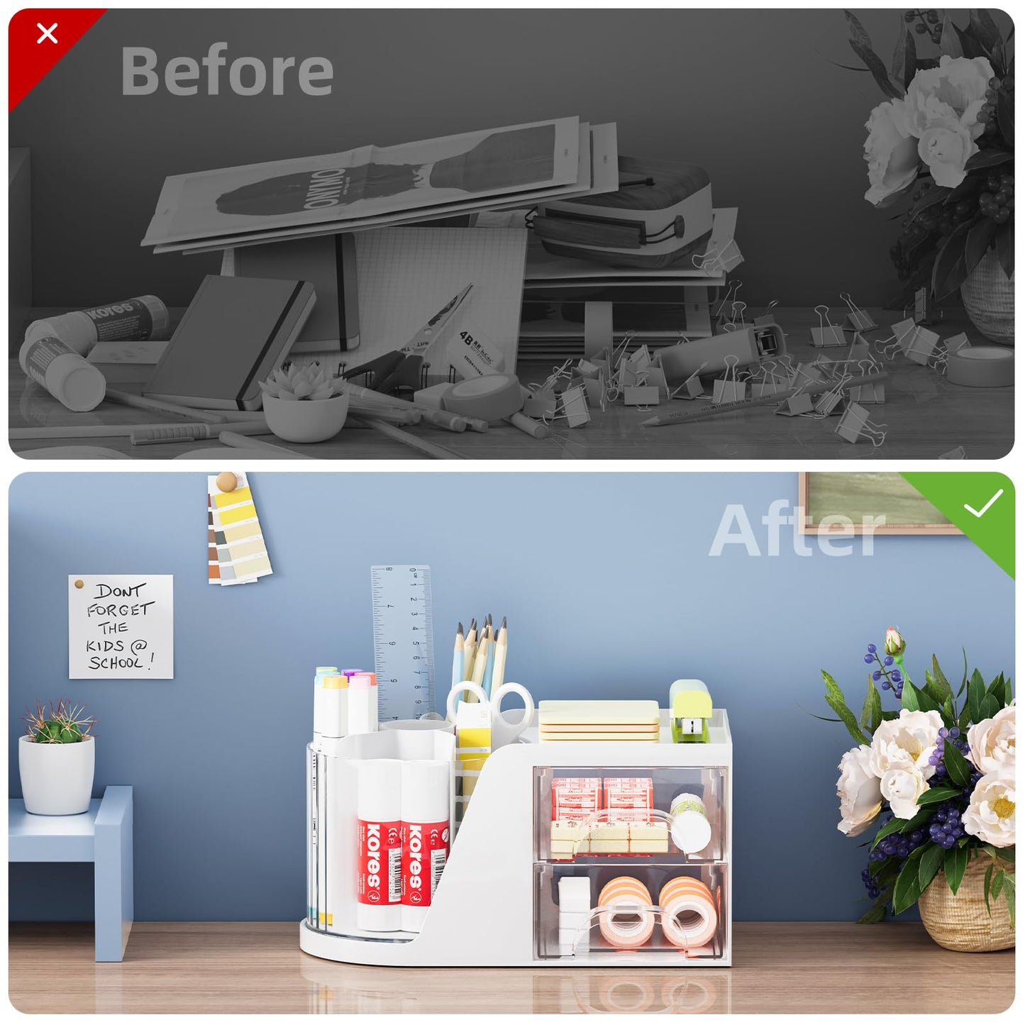 Marbrasse Desk Organizer with 2 Drawer, 360°Rotating Pen Holder, Desk Organizers and Accessories with 6 Slots Pencil Organizer + 2 Drawer, Art Supply Storage Box Caddy for Office (White)