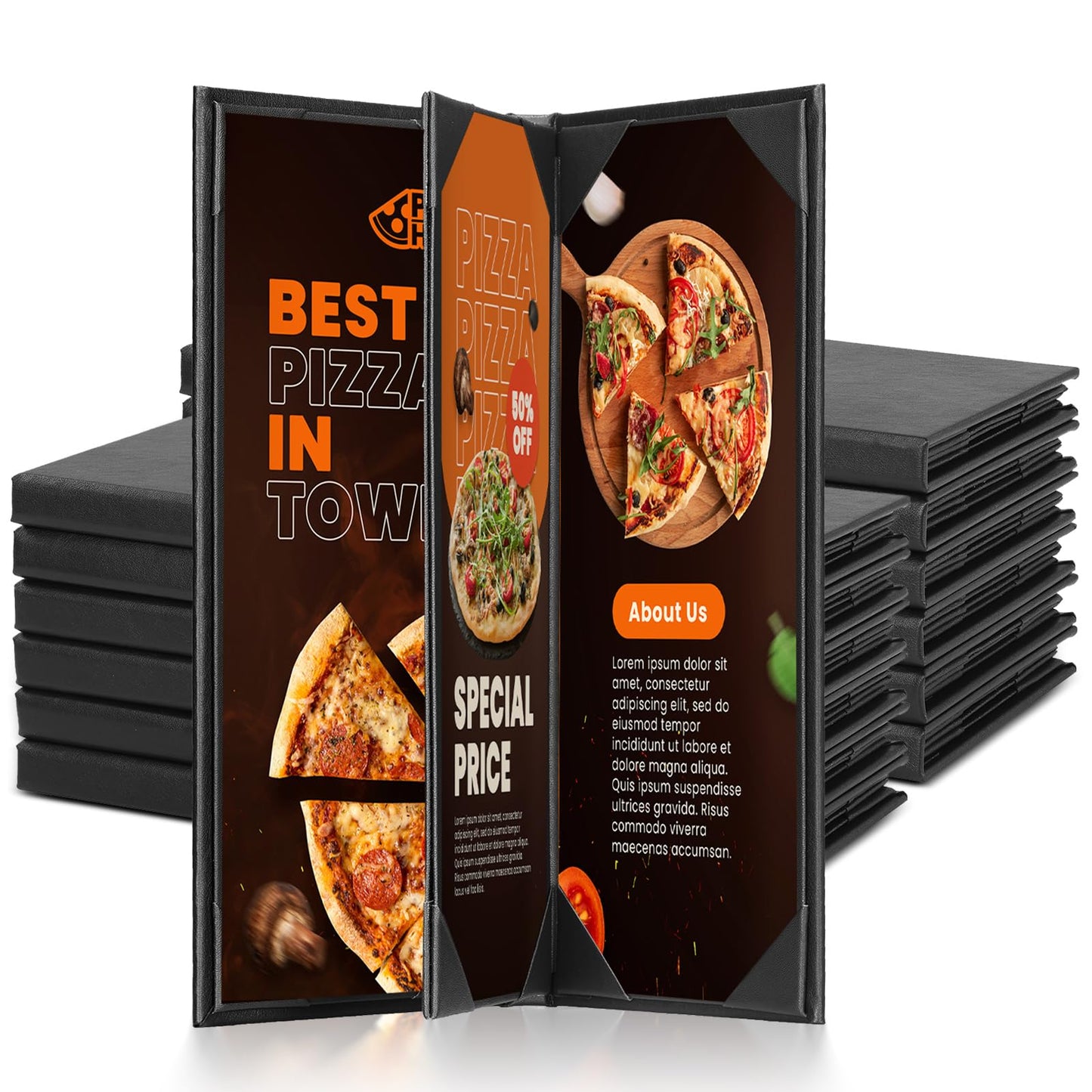 MYFULLY Restaurant Menu Holders 4.25" x 11", 12 Pack Black PU Leather Single Panel Menu Covers with Angled Corners for Restaurant, Bar, Coffee Shop, Wine List (4 View)