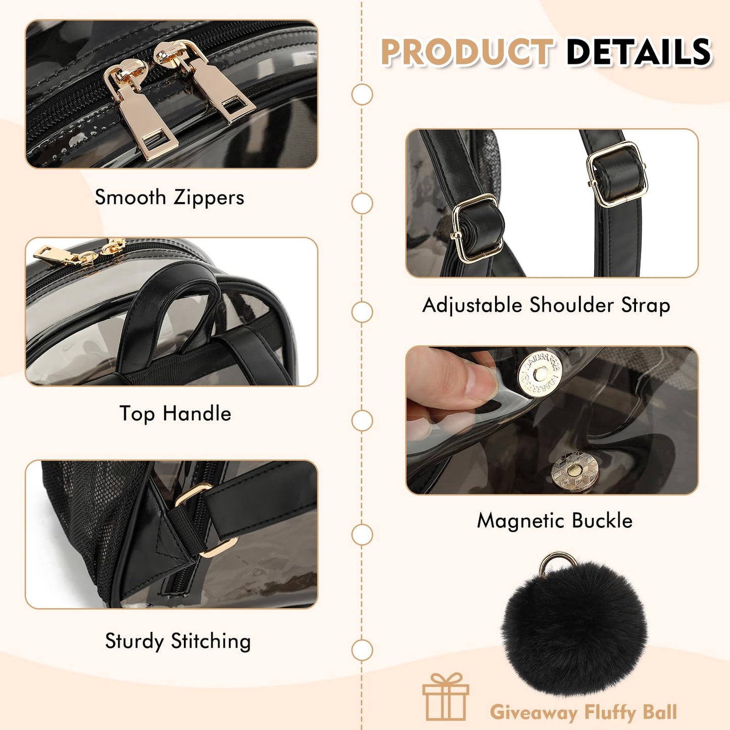 ASKSKY Clear Backpack for Stadium Events 12x12x6, Thick PVC Small Clear Bag with Leather Trim Fashion Women Backpack for Concerts, Sports, Festivals, Work, Travel-Black